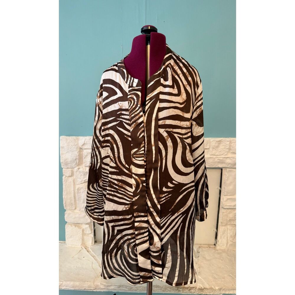 Chico’s Zebra Print Blouse Size 2 Brown Cream Sheer Pleated Tunic Top 3/4 Sleeve